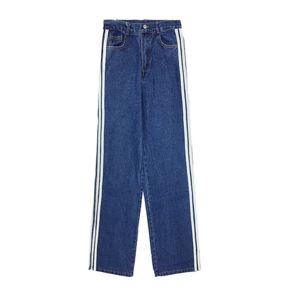 Split White Striped Blue Jeans Women's All-Match Casual Wide-Leg Pants - RALO COLLECTION STUDIO