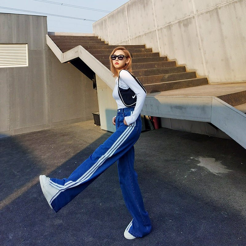 Split White Striped Blue Jeans Women's All-Match Casual Wide-Leg Pants - RALO COLLECTION STUDIO