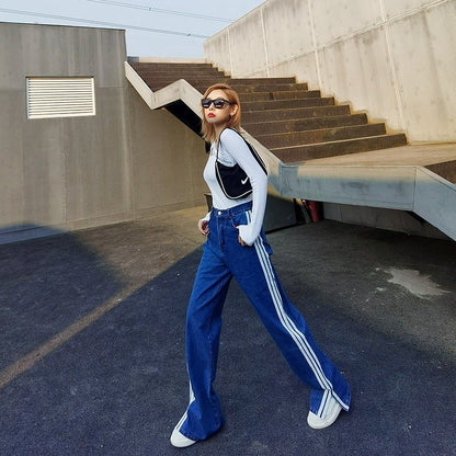 Split White Striped Blue Jeans Women's All-Match Casual Wide-Leg Pants - RALO COLLECTION STUDIO