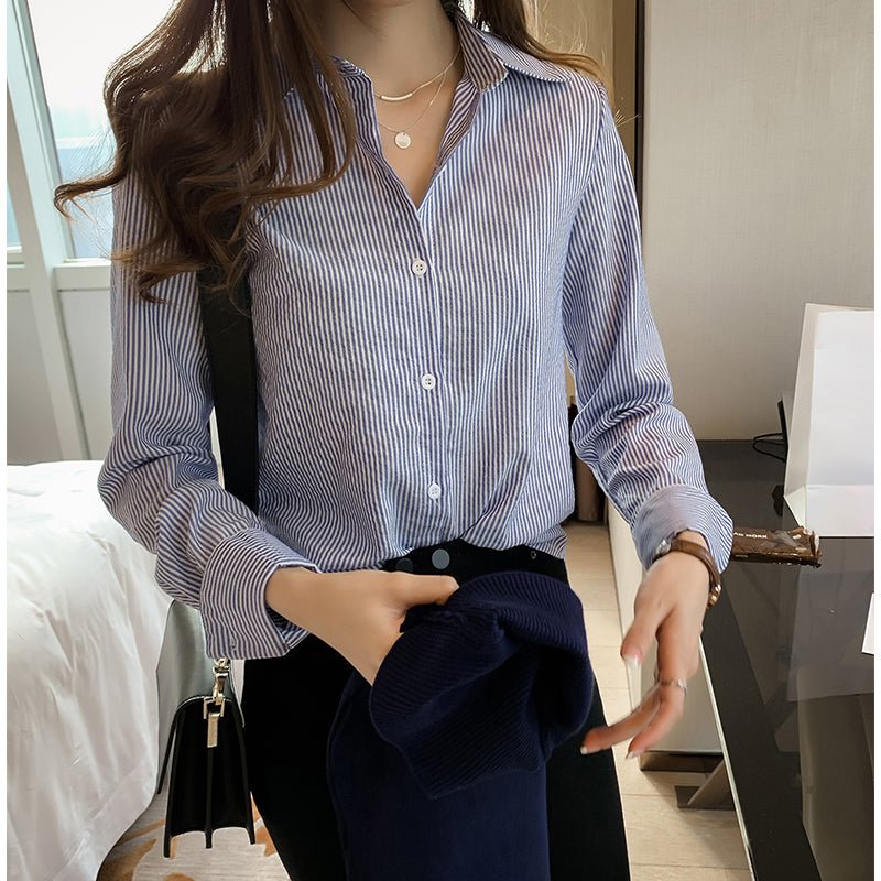 Spring Women's Korean Style New Casual Student Shirt Bottoming Shirt Fashion Loose Long-Sleeved Vertical Striped Shirt - RALO COLLECTION STUDIO