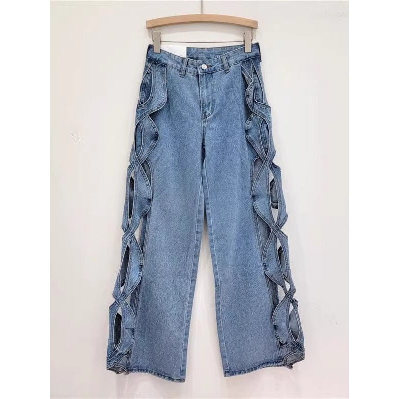 SpringSummer Side-Stranded Braid Ripped Casual Straight-Leg Wide-Leg Denim Jeans - RALO COLLECTION STUDIO