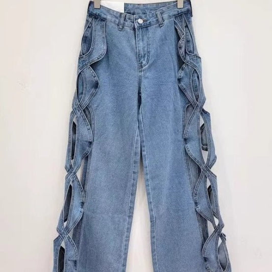 SpringSummer Side-Stranded Braid Ripped Casual Straight-Leg Wide-Leg Denim Jeans - RALO COLLECTION STUDIO