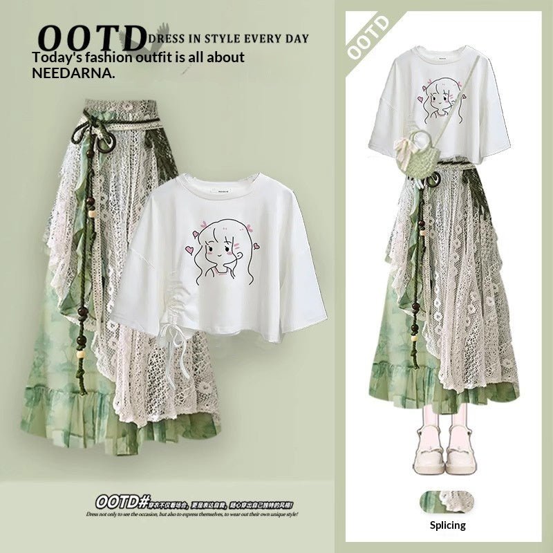 Strap-top Short-sleeve Vacation Two-piece Set With A Patchwork Skirt - RALO COLLECTION STUDIO