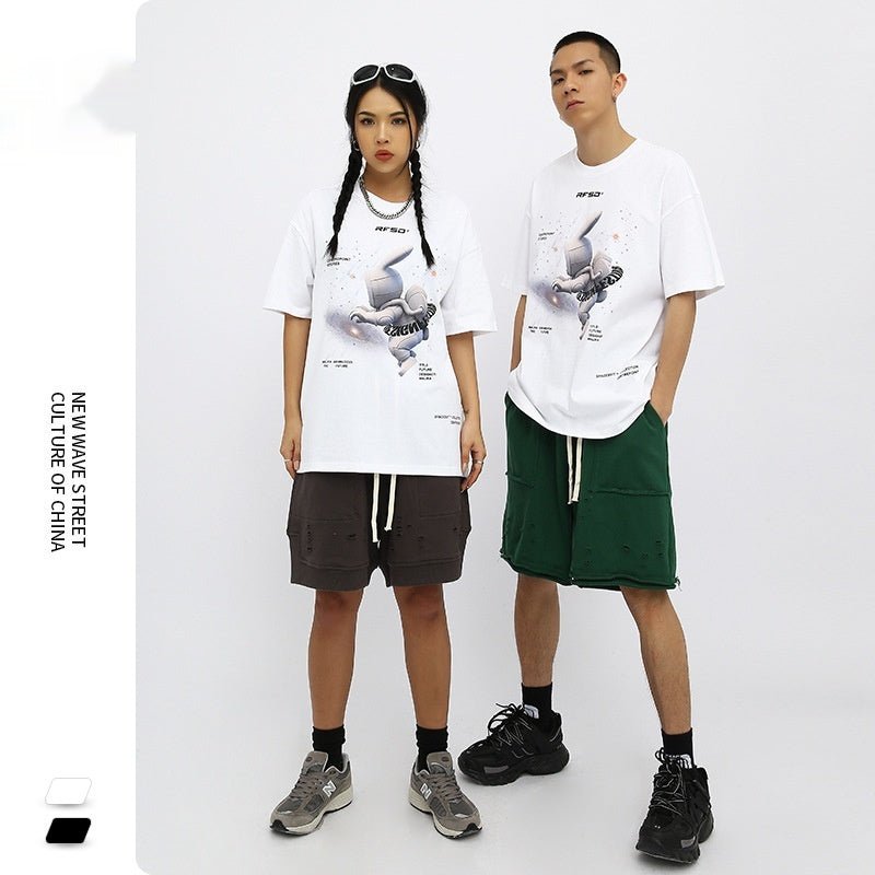 Street Anime Moon Rabbit Print Loose Men's T-shirt - RALO COLLECTION STUDIO