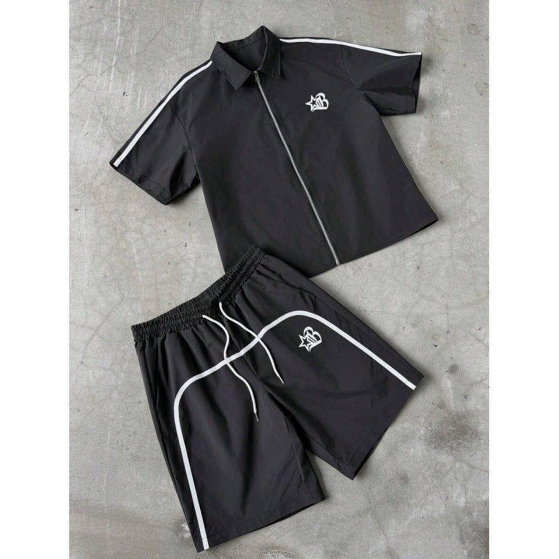 Striped Zip-front Short-sleeve Shirt And Shorts Set - RALO COLLECTION STUDIO