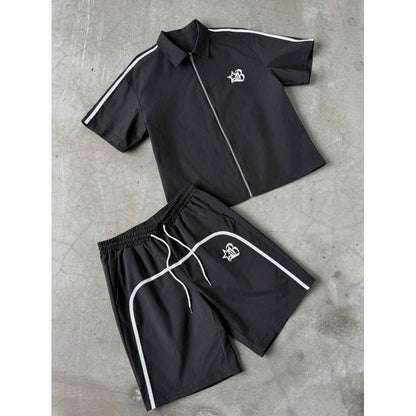 Striped Zip-front Short-sleeve Shirt And Shorts Set - RALO COLLECTION STUDIO