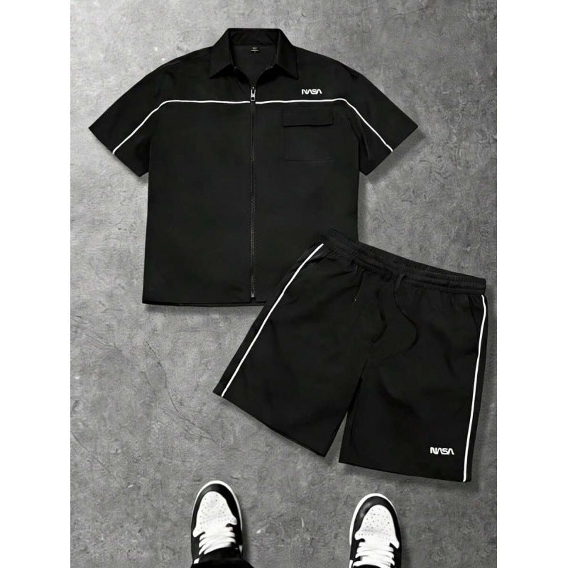 Striped Zip-front Short-sleeve Shirt And Shorts Set - RALO COLLECTION STUDIO