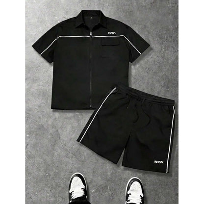 Striped Zip-front Short-sleeve Shirt And Shorts Set - RALO COLLECTION STUDIO