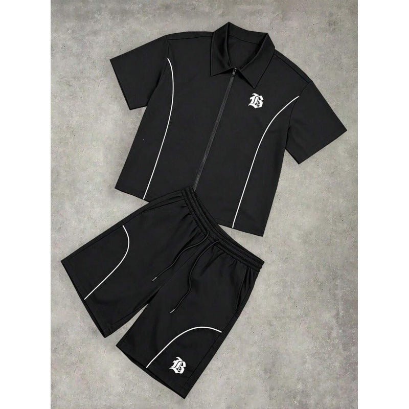 Striped Zip-front Short-sleeve Shirt And Shorts Set - RALO COLLECTION STUDIO