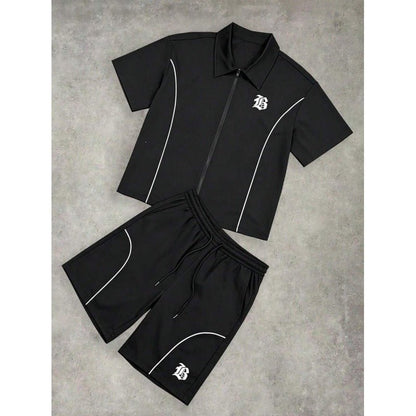 Striped Zip-front Short-sleeve Shirt And Shorts Set - RALO COLLECTION STUDIO