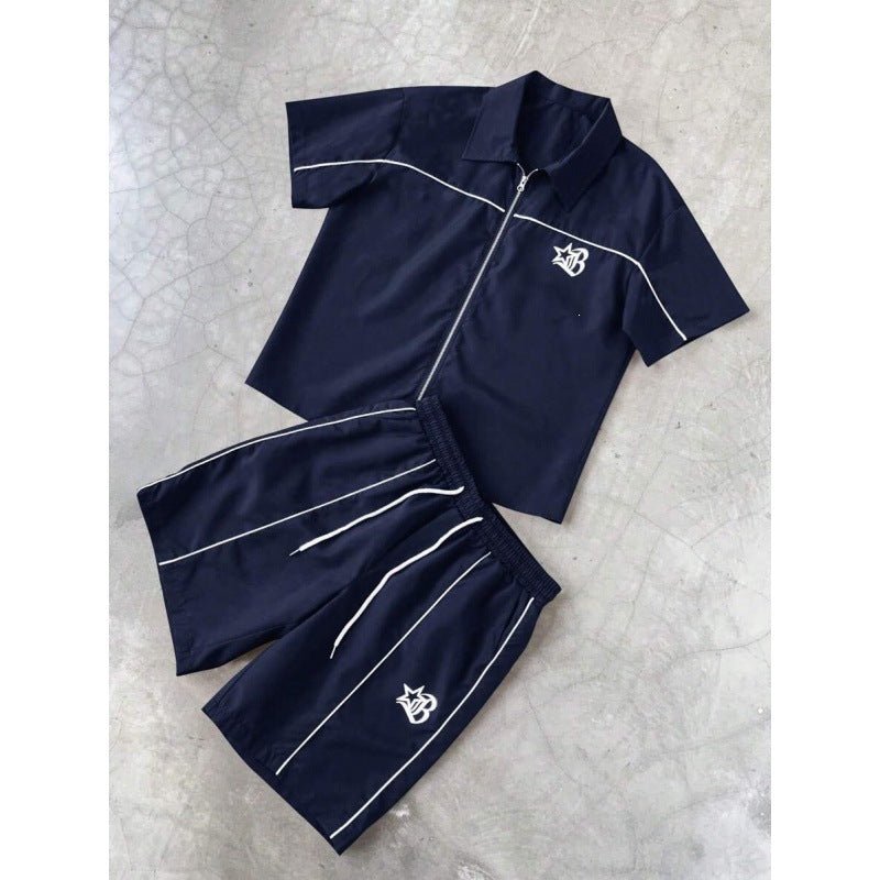 Striped Zip-front Short-sleeve Shirt And Shorts Set - RALO COLLECTION STUDIO