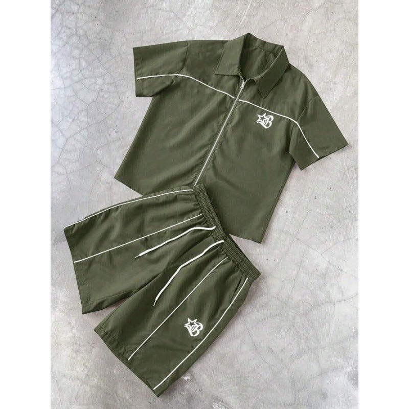 Striped Zip-front Short-sleeve Shirt And Shorts Set - RALO COLLECTION STUDIO