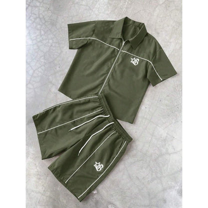 Striped Zip-front Short-sleeve Shirt And Shorts Set - RALO COLLECTION STUDIO