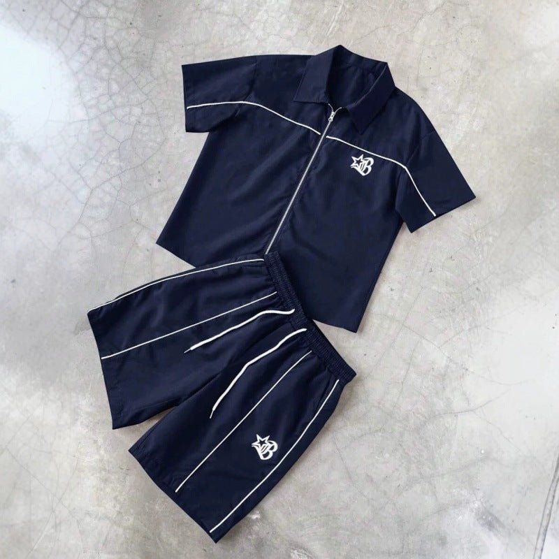 Striped Zip-front Short-sleeve Shirt And Shorts Set - RALO COLLECTION STUDIO