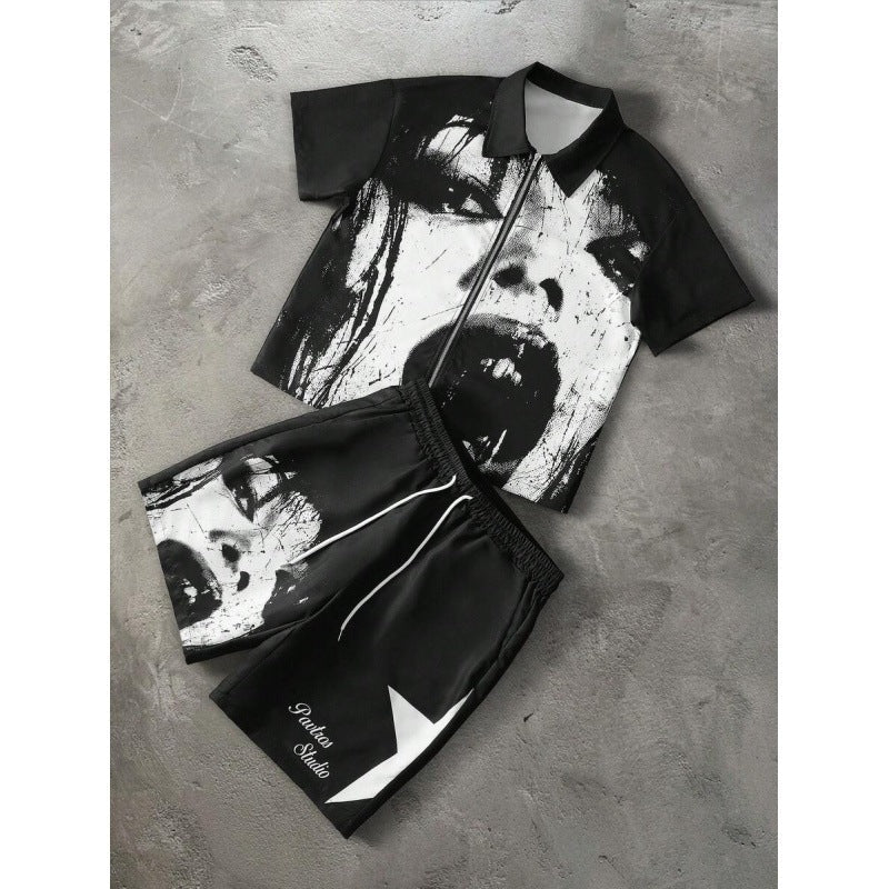 Striped Zip-front Short-sleeve Shirt And Shorts Set - RALO COLLECTION STUDIO