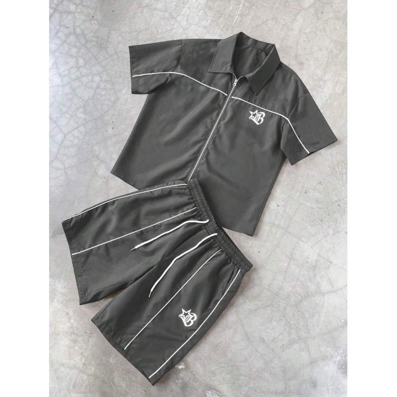 Striped Zip-front Short-sleeve Shirt And Shorts Set - RALO COLLECTION STUDIO