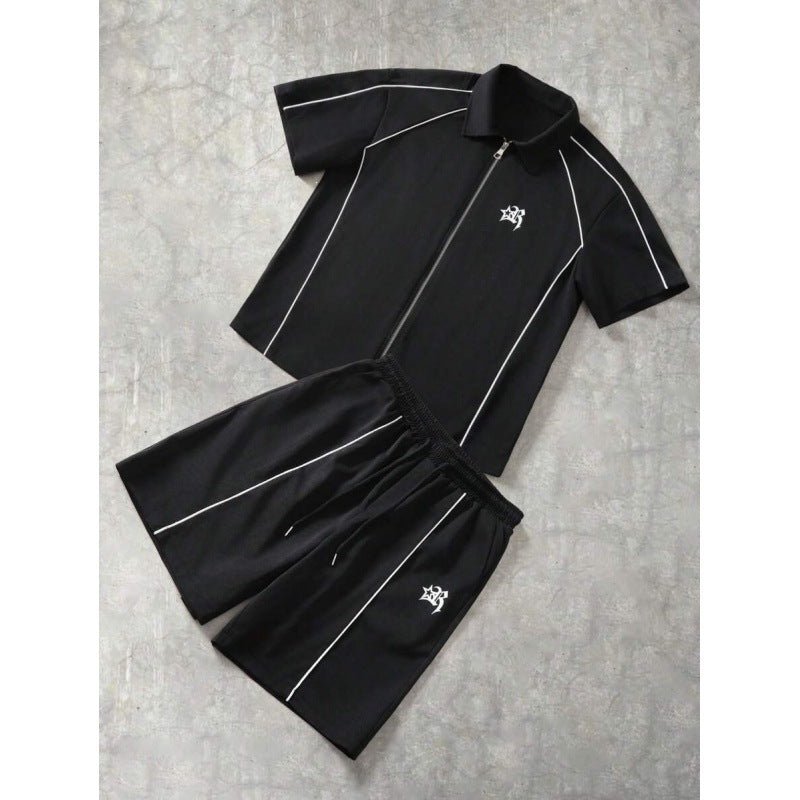 Striped Zip-front Short-sleeve Shirt And Shorts Set - RALO COLLECTION STUDIO