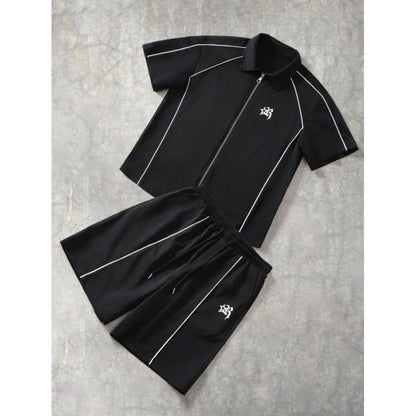 Striped Zip-front Short-sleeve Shirt And Shorts Set - RALO COLLECTION STUDIO