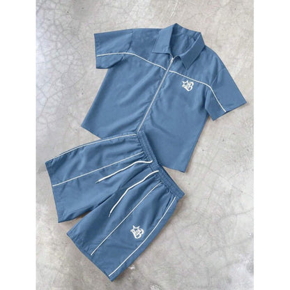Striped Zip-front Short-sleeve Shirt And Shorts Set - RALO COLLECTION STUDIO