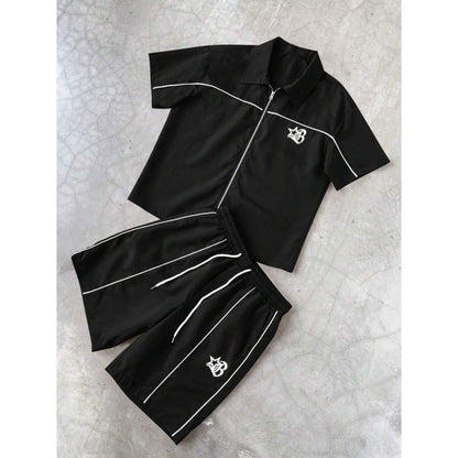 Striped Zip-front Short-sleeve Shirt And Shorts Set - RALO COLLECTION STUDIO