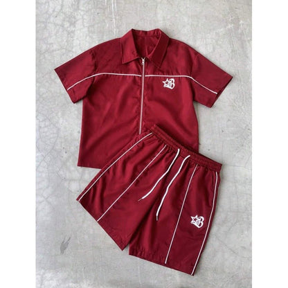 Striped Zip-front Short-sleeve Shirt And Shorts Set - RALO COLLECTION STUDIO