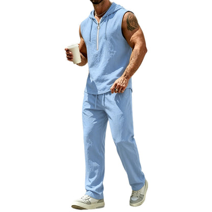 Summer Hooded Zipup Sleeveless T-shirt And Pants Set - RALO COLLECTION STUDIO