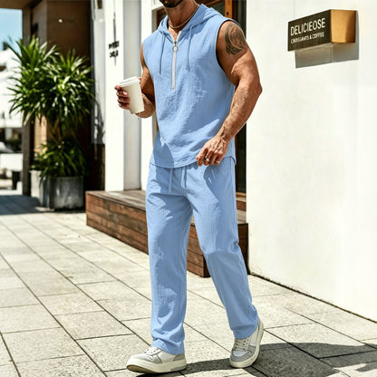 Summer Hooded Zipup Sleeveless T-shirt And Pants Set - RALO COLLECTION STUDIO