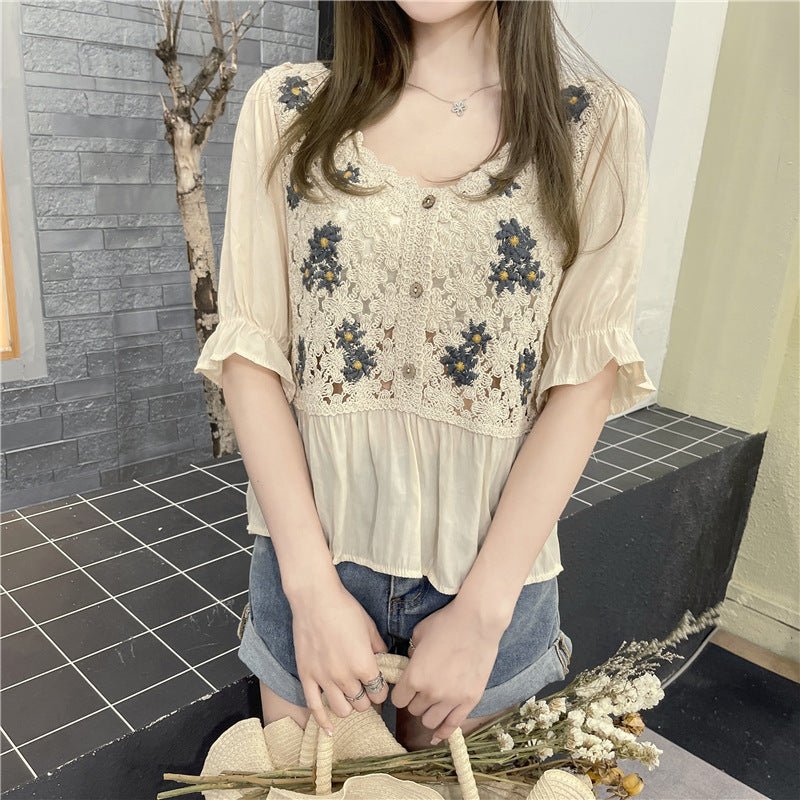 Summer New Style French Chiffon Shirt Crochet Embroidery Knitting Hollow Short Sleeves - RALO COLLECTION STUDIO