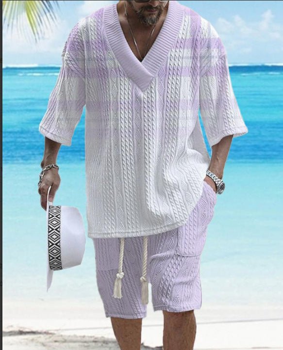 Summer Relaxed-fit Short-sleeve T-shirt And Shorts V-neck Sports Two-piece Set - RALO COLLECTION STUDIO