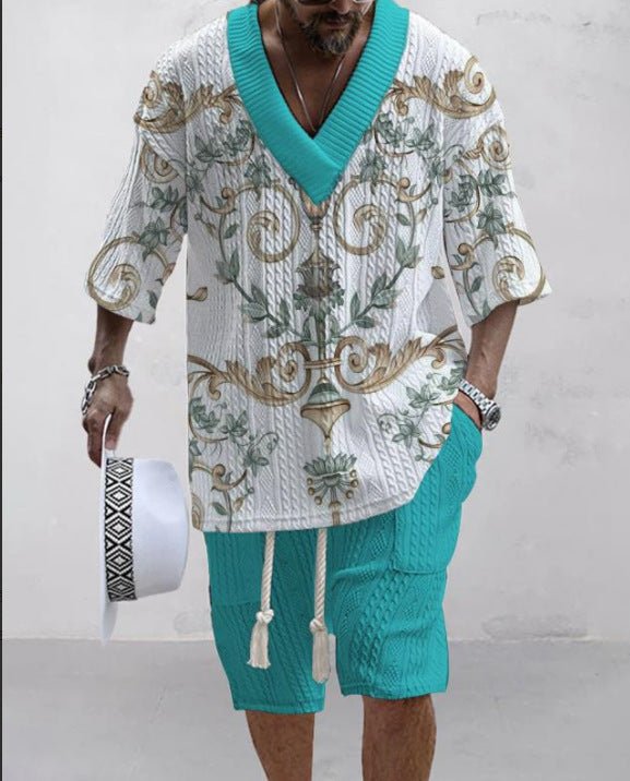 Summer Relaxed-fit Short-sleeve T-shirt And Shorts V-neck Sports Two-piece Set - RALO COLLECTION STUDIO