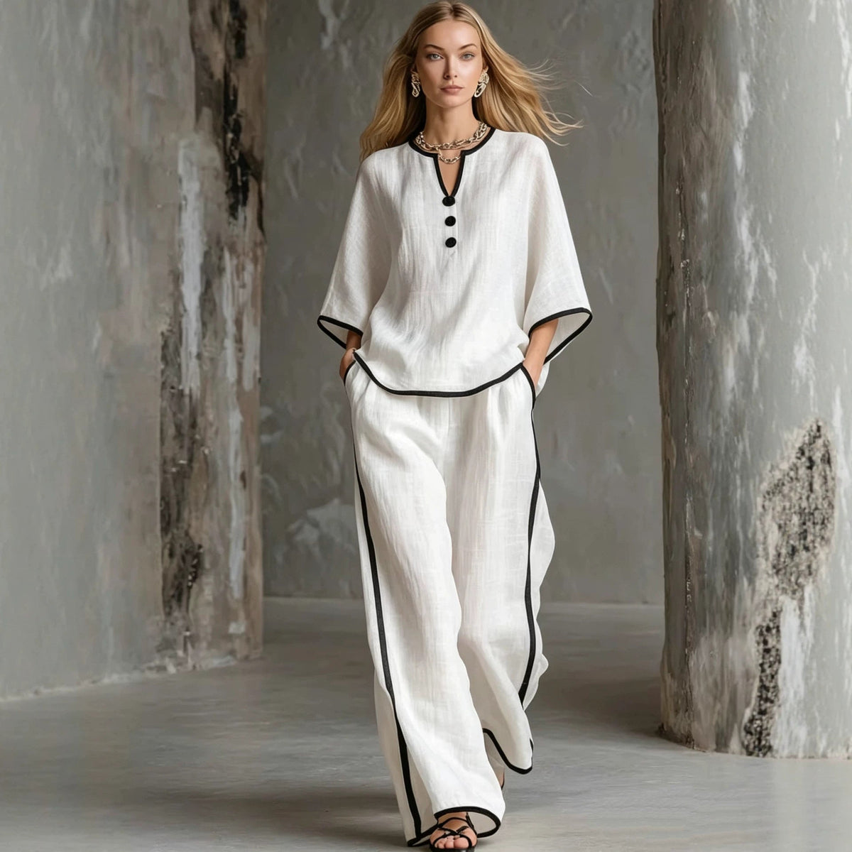 V-neck Loose Batwing-sleeve Top And Wide-leg Pants Set - RALO COLLECTION STUDIO