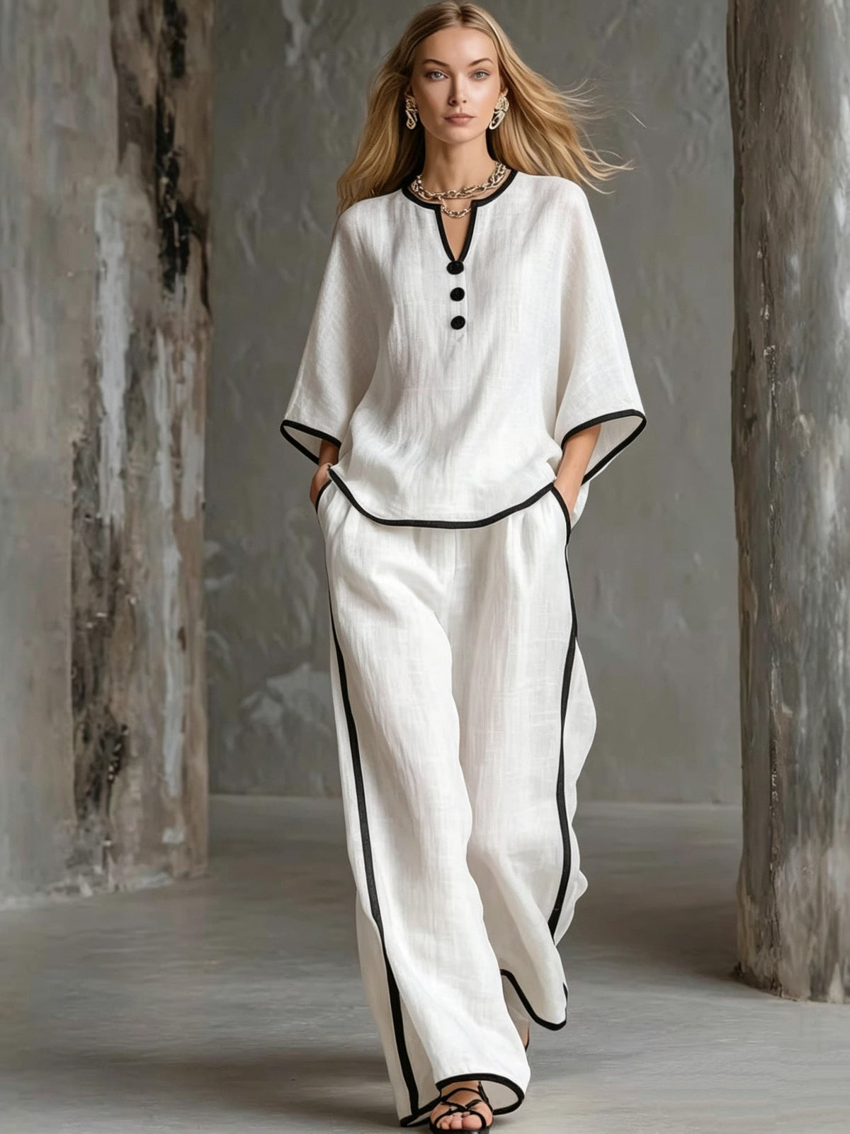 V-neck Loose Batwing-sleeve Top And Wide-leg Pants Set - RALO COLLECTION STUDIO