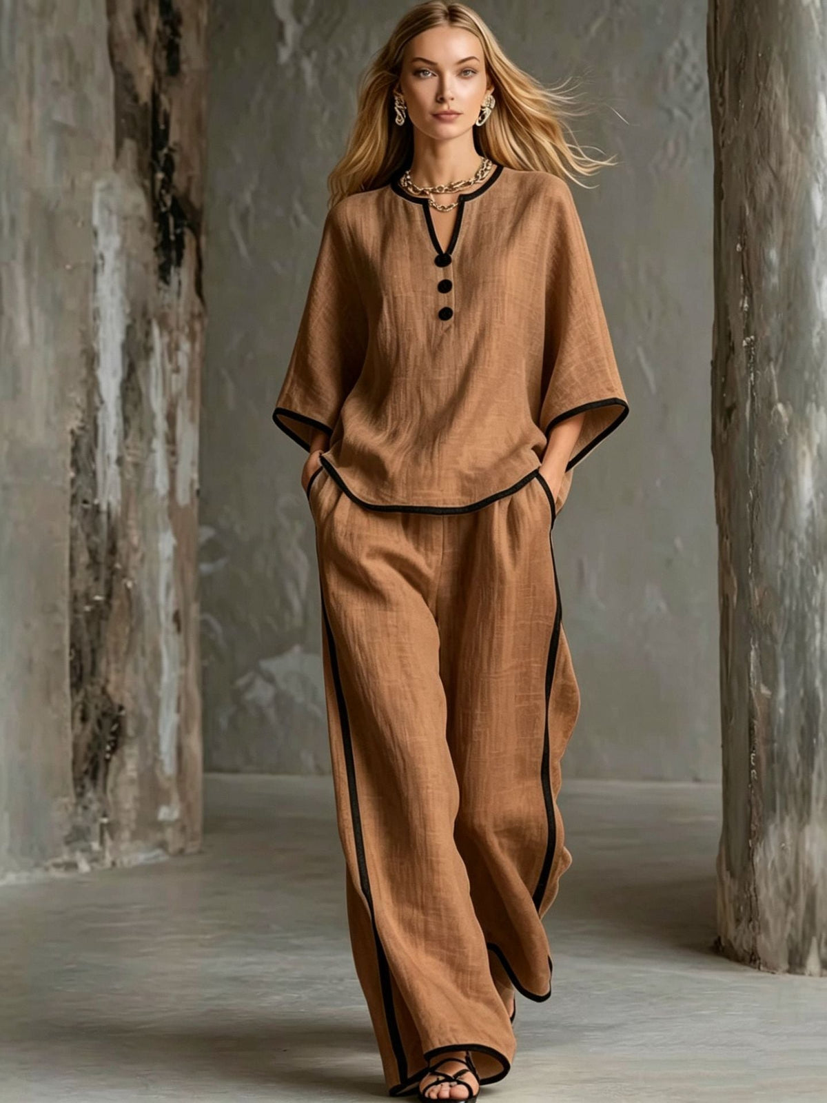 V-neck Loose Batwing-sleeve Top And Wide-leg Pants Set - RALO COLLECTION STUDIO