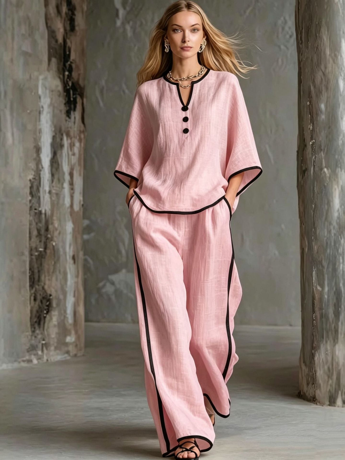 V-neck Loose Batwing-sleeve Top And Wide-leg Pants Set - RALO COLLECTION STUDIO
