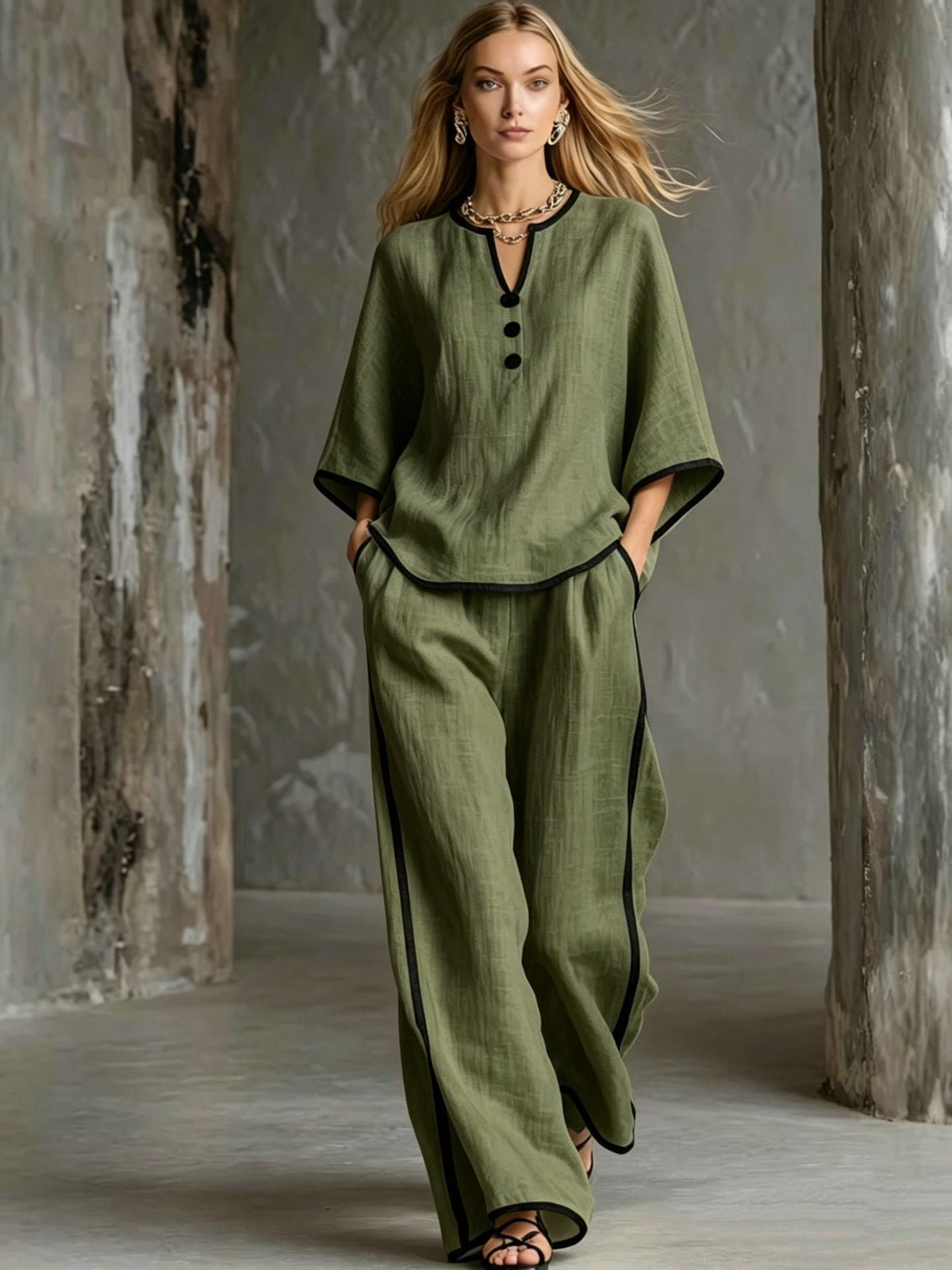 V-neck Loose Batwing-sleeve Top And Wide-leg Pants Set - RALO COLLECTION STUDIO