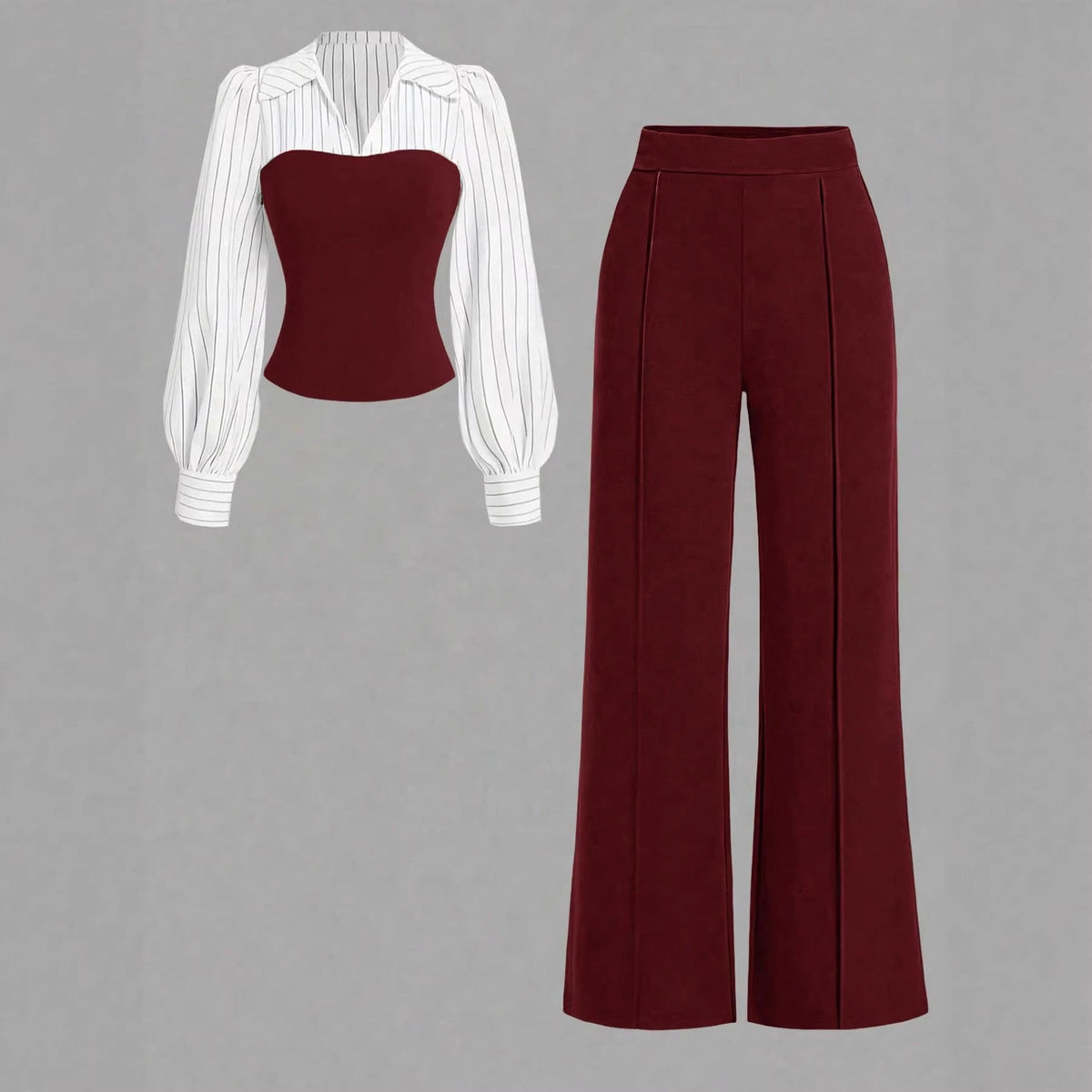 V-neck, Waist-cinching Patchwork Shirt And Pants Set 2-piece - RALO COLLECTION STUDIO