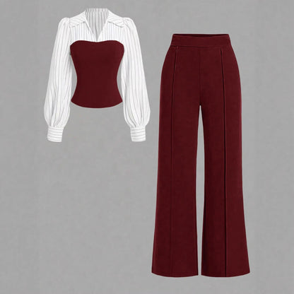 V-neck, Waist-cinching Patchwork Shirt And Pants Set 2-piece - RALO COLLECTION STUDIO