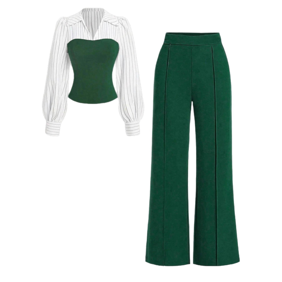 V-neck, Waist-cinching Patchwork Shirt And Pants Set 2-piece - RALO COLLECTION STUDIO