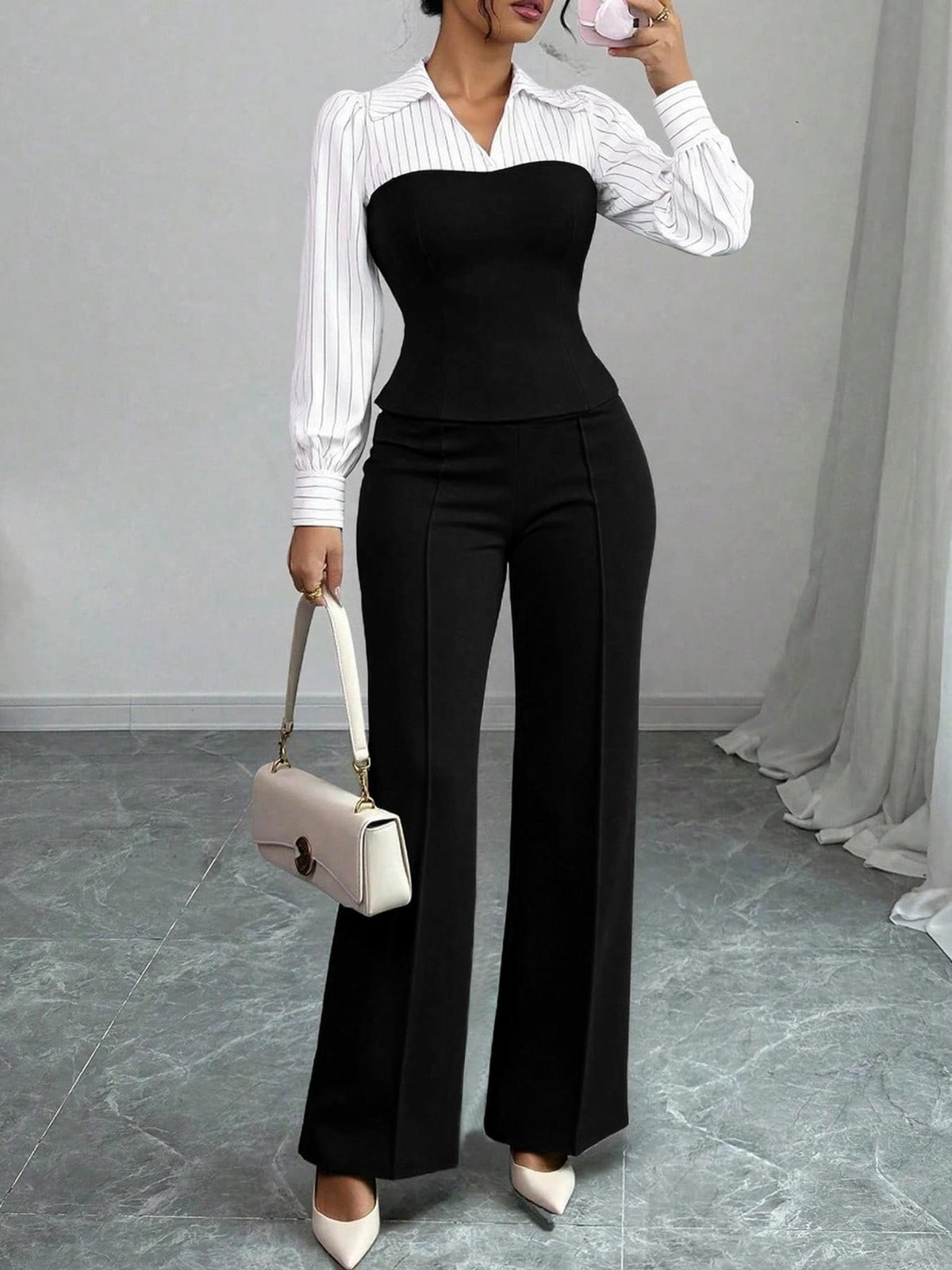 V-neck, Waist-cinching Patchwork Shirt And Pants Set 2-piece - RALO COLLECTION STUDIO