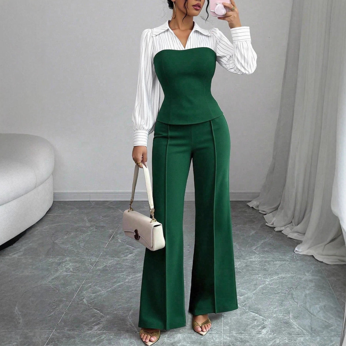 V-neck, Waist-cinching Patchwork Shirt And Pants Set 2-piece - RALO COLLECTION STUDIO