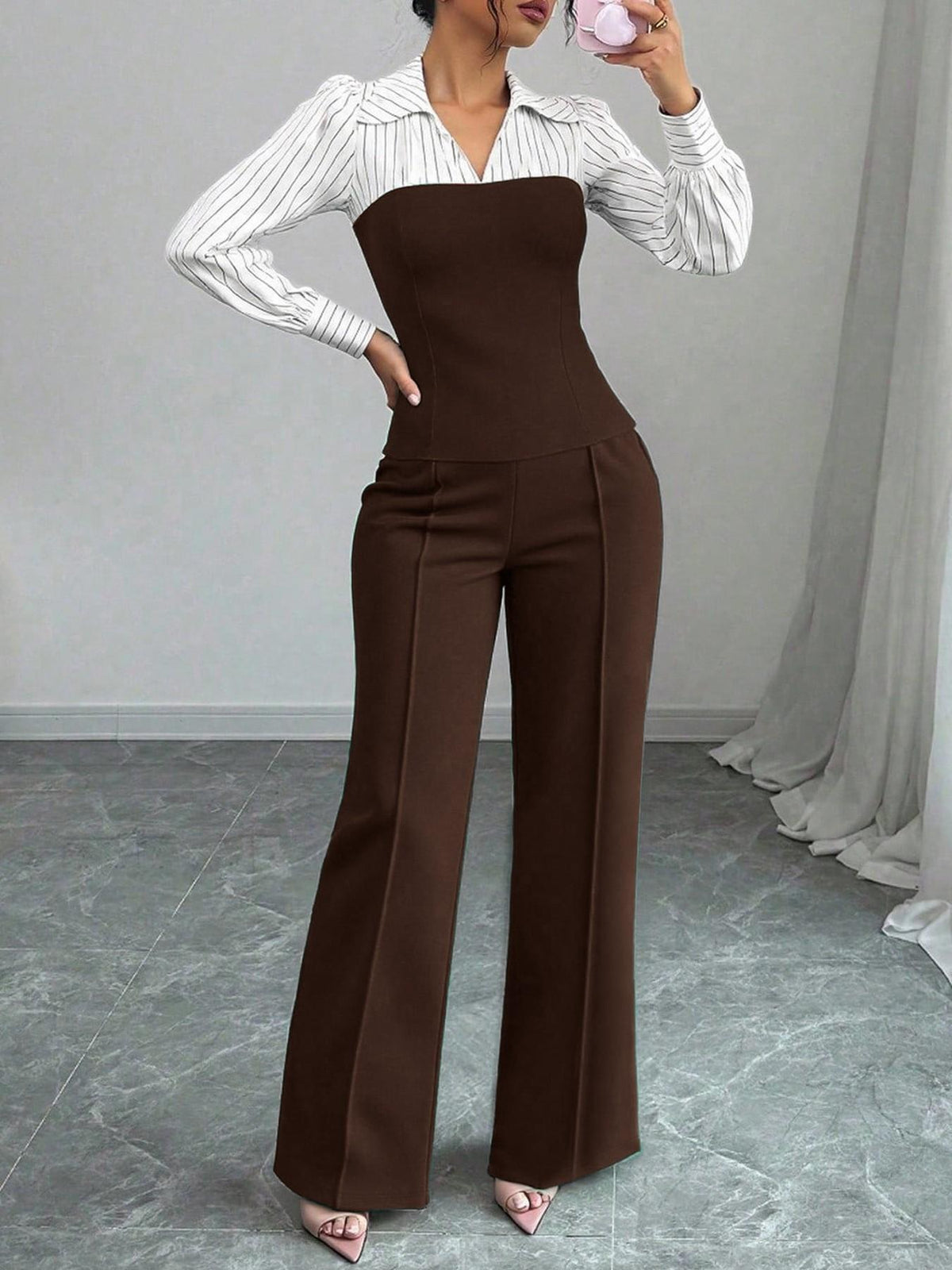 V-neck, Waist-cinching Patchwork Shirt And Pants Set 2-piece - RALO COLLECTION STUDIO