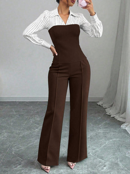 V-neck, Waist-cinching Patchwork Shirt And Pants Set 2-piece - RALO COLLECTION STUDIO