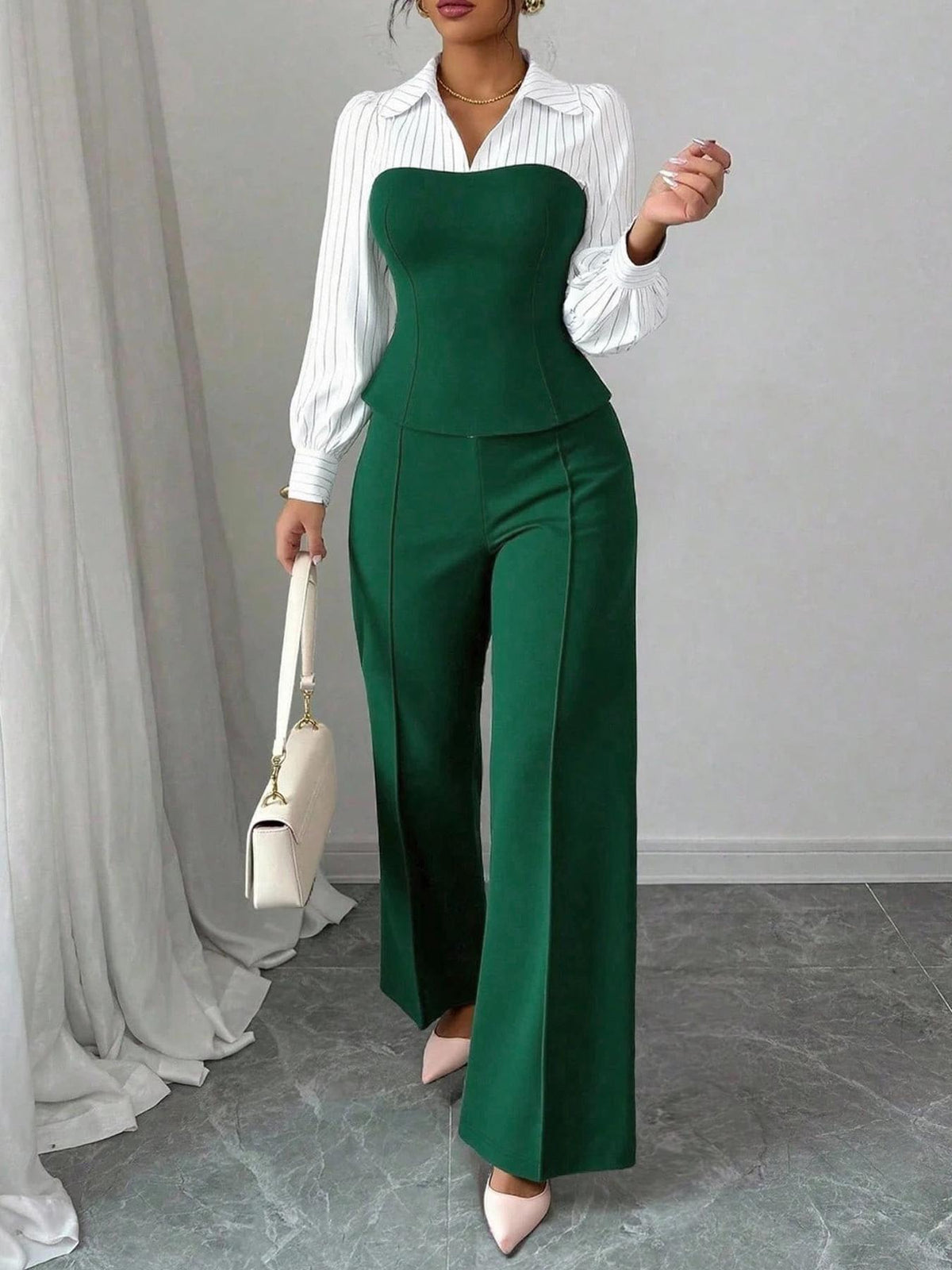 V-neck, Waist-cinching Patchwork Shirt And Pants Set 2-piece - RALO COLLECTION STUDIO