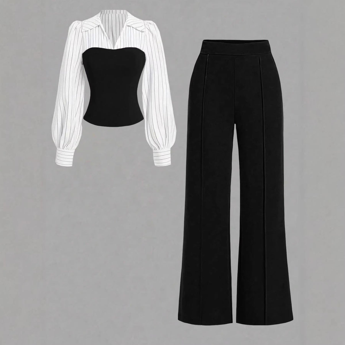 V-neck, Waist-cinching Patchwork Shirt And Pants Set 2-piece - RALO COLLECTION STUDIO