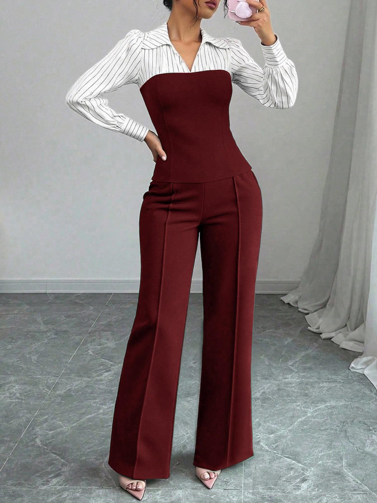 V-neck, Waist-cinching Patchwork Shirt And Pants Set 2-piece - RALO COLLECTION STUDIO