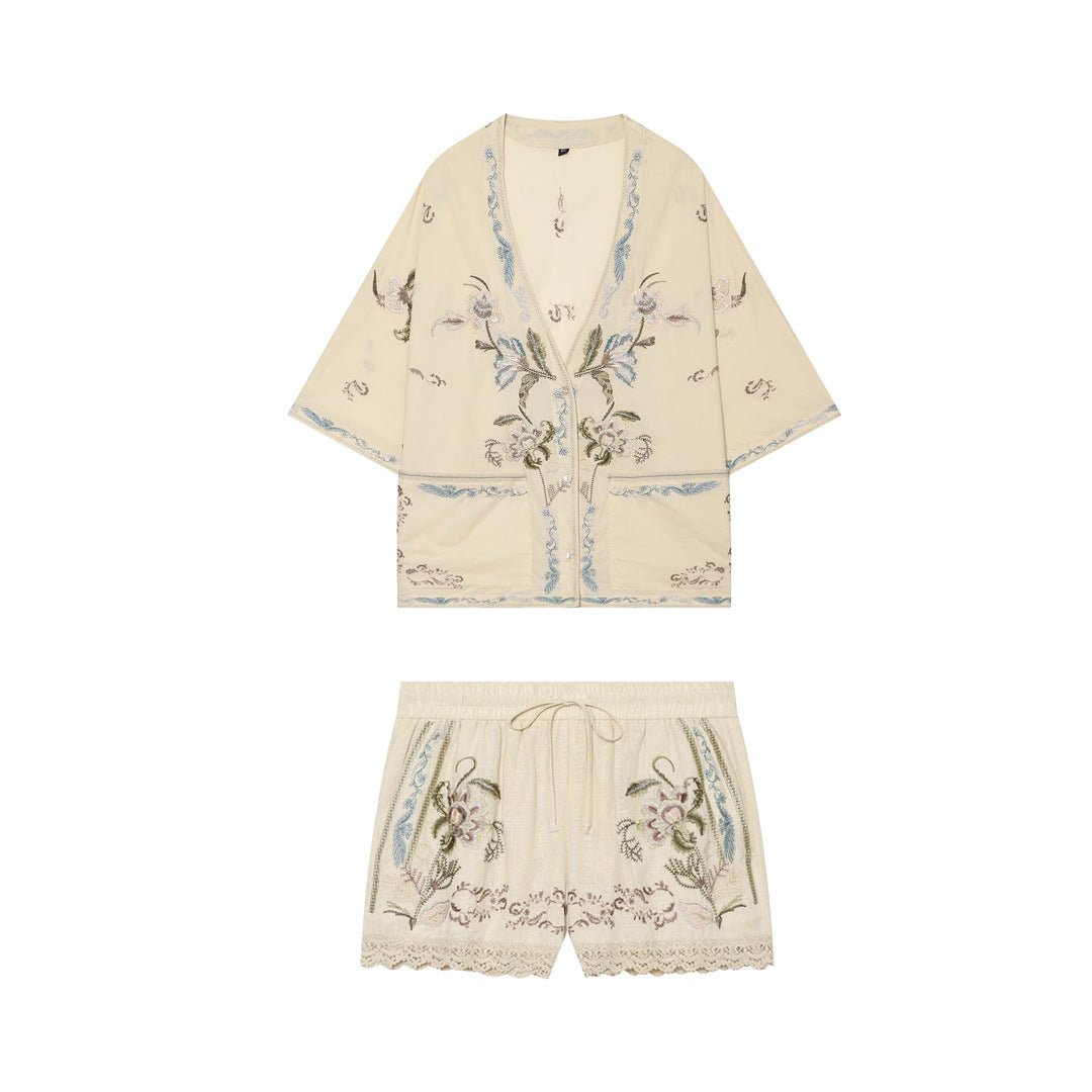 Versatile Casual Top And Drawstring-waist Embroidered Shorts Set - RALO COLLECTION STUDIO