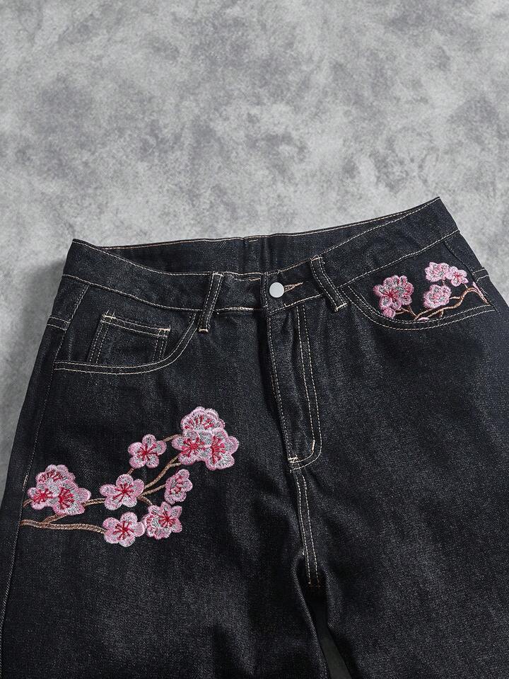 Vintage Cherry-blossom-embroidered Wide-leg Denim Jeans - RALO COLLECTION STUDIO