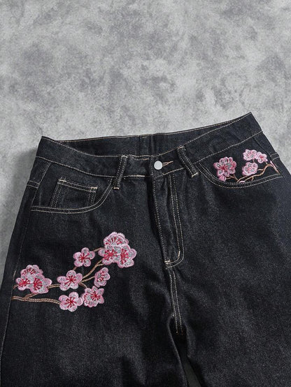 Vintage Cherry-blossom-embroidered Wide-leg Denim Jeans - RALO COLLECTION STUDIO