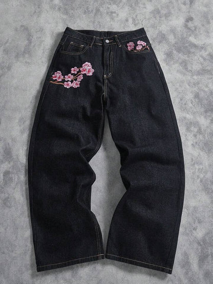 Vintage Cherry-blossom-embroidered Wide-leg Denim Jeans - RALO COLLECTION STUDIO