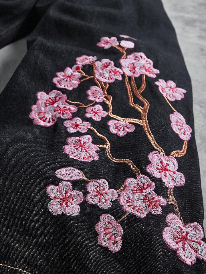 Vintage Cherry-blossom-embroidered Wide-leg Denim Jeans - RALO COLLECTION STUDIO